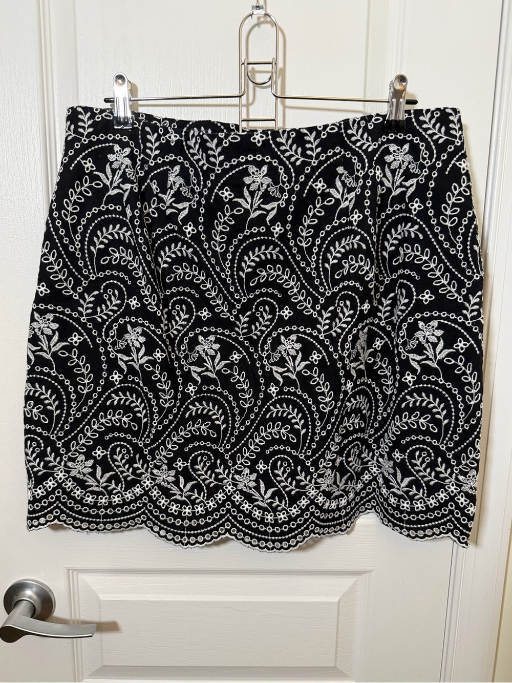LOFT Black Mini Skirt with White Embroidered Floral Design